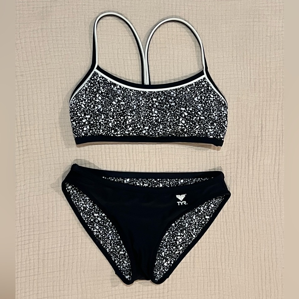 TYR Black and White Reversible Athletic Workout Bikini with Racerback